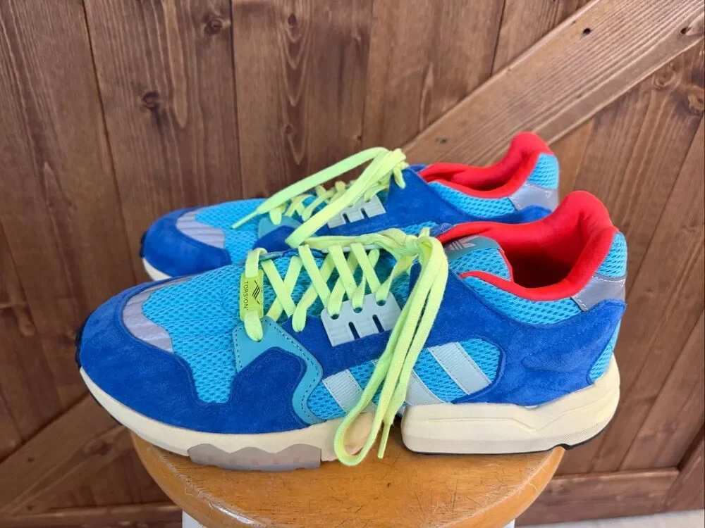 Adidas Originals Men’s Size 12 Blue Suede & Mesh Sneakers Lime Green Laces Casua